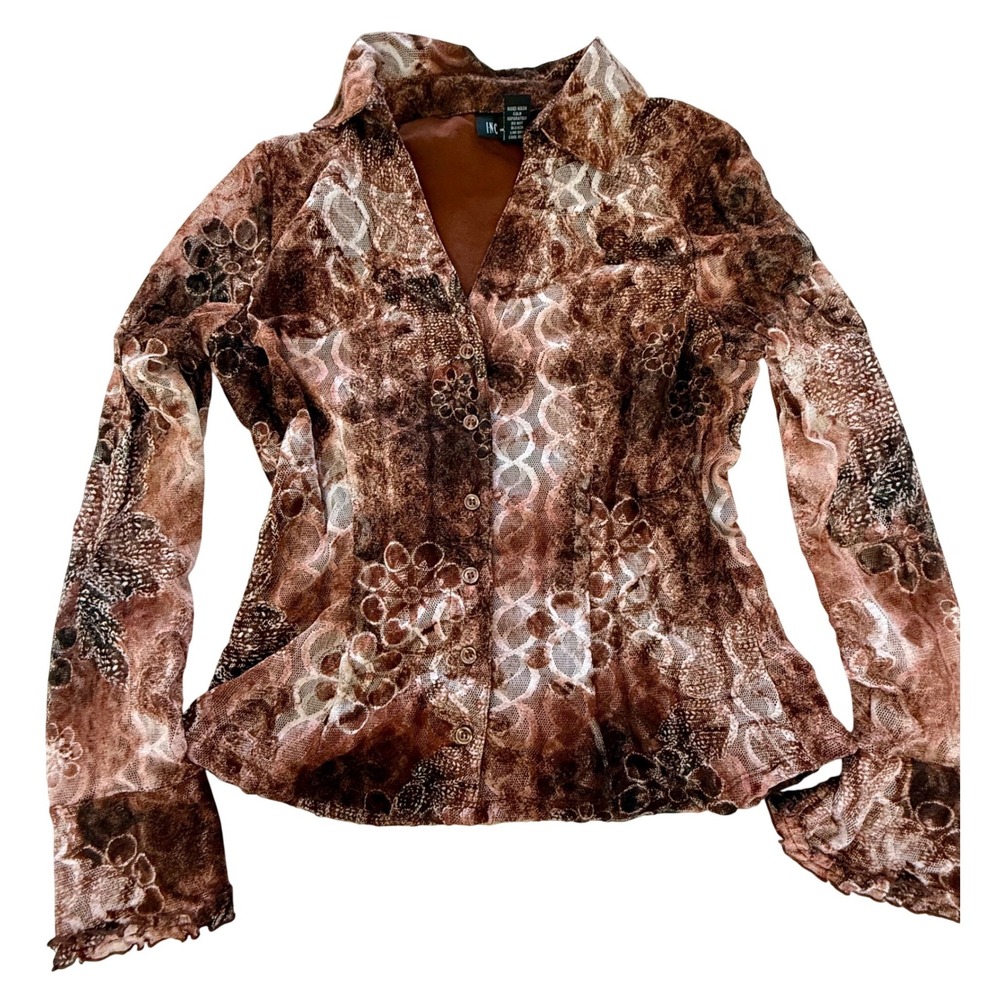 INC International Concepts Womens Mesh Top Brown Floral Fairy Vtg Y2K Size M